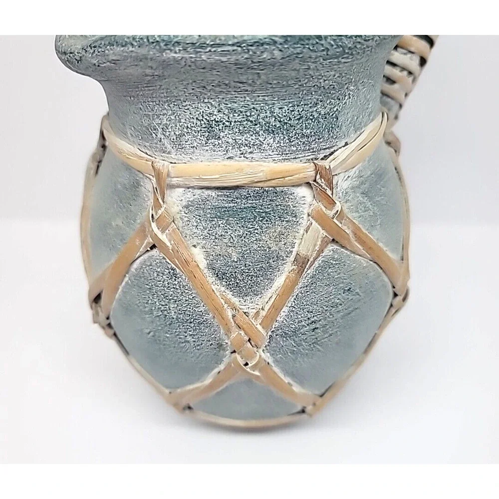 Vintage Coastal Rattan Wrapped Blue Terra‎ Cotta Pitcher 8.25